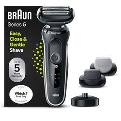 Braun Series 5 Electric Shaver With Beard Trimmer, Body Groomer & Charging Stand, Wet & Dry, 100% Waterproof, UK 2 Pin Plug, 50-W4650cs, White Razor