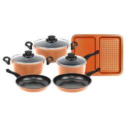Herzberg, HG04838-COP, Batterie de cuisine robuste avec revêtement antiadhésif, compatible tous feux, design élégant en cuivre, cuisson saine sans huile, 9 Pièces, couleur Cuivre