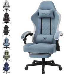GTPLAYER Fotel gamingowy, ergonomiczny fotel gamingowy, krzesło do biurka z powierzchnią z materiału, poduszka sprężynowa, podłokietniki łączące i podnóżek, jasnoniebieski