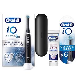 Oral-B Spazzolino Elettrico iO6, Ultimate Clean Testine e Dentifricio Sensibilità e Gengive Calm, 6 Testine, Sensore di Pressione, 5 Modalità di Spazzolamento, Custodia da Viaggio, Nero, Idea Regalo