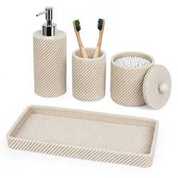 Set di accessori da bagno, 4 pezzi, dispenser per sapone e lozione, portaspazzolino, dispenser porta Qtip, vassoio per la decorazione del piano di lavoro del bagno, organizer per cosmetici, beige