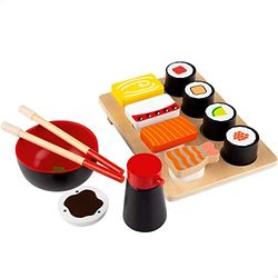 WOOMAX Sushi Cibo in legno, Giocattoli alimentari, vassoio per pasti per bambini, 14 pezzi, +2 anni, 49336