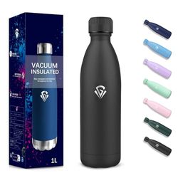 Borraccia Termica, 1000 ml Senza BPA, Borraccia, Isolamento Sottovuoto a Doppia Parete, Borracce Acciaio Inox, 304 Acciaio Inossidabile, Bottiglia Termica per Cucina, Campeggio, Palestra - Nero