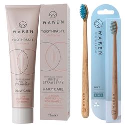 Waken, Blue Soft Bristle Bamboo Toothbrush, Biodegradable Natural Bamboo Handle and Strawberry Fluoride Toothpaste, Helps Prevent Against Cavities and Reduce Plaque, No Artificial Colours, Vegan,75ml