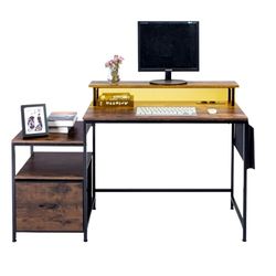 HOMYLIN Mesa de Ordenador con cajón de Tela y Soporte para Monitor, Mesa de Estudio de 100 cm con estantes de Almacenamiento, Escritorio para Juegos con enchufes y Luces LED para Estudios, Color