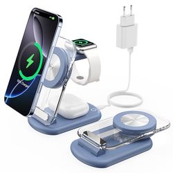 Station de Charge sans Fil magnétique 3 en 1 pour appareils Apple, Chargeur Rapide et Pliable pour Voyage, avec lumière Nocturne pour iPhone 16, 15, 14, Apple Watch/AirPods Pro, BU