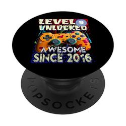 9º cumpleaños niño nivel 9 jugador 9 años fiesta de videojuegos PopSockets PopGrip Adhesivo