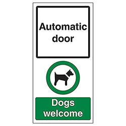 V Safety Automatic Door - Dogs Welcome - 150mm x 300mm - Self Adhesive Vinyl