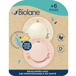 BIOLANE - Tétines rondes - Sucettes extra-fines - 6 mois et plus - Rose et Beige - Téterelle en caoutchouc naturel - Respect du développement bucco-dentaire- Douces et confortables