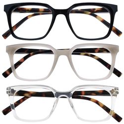 OPULIZE KOI Occhiali da Lettura, Confezione da 3 - Montatura Rettangolare Grande - Nero-Grigio-Trasparente - Uomo e Donna - Cerniere a Molla - RRR50-17C - +2.00