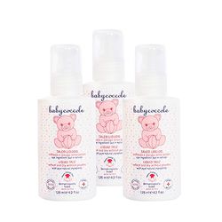 Babycoccole-set, 3 stycken, flytande talk, ingen talk, förhindrar blöjrodnad, torkar och fräschar upp huden efter bad, reglerar naturligtvis svettning. 3 x 125 ml