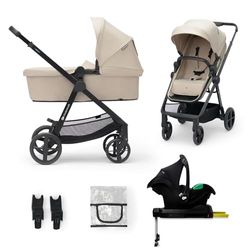 Kinderkraft NEWLY Kinderwagen 4 in 1 tot 22 kg, Autostoel MINK PRO I-Size 40-75 cm, Met Base, Lichtgewicht Combikinderwagen, Set, Reissysteem, Voetenzak, Adapters, Waterdichte UPF50+ zonnekap, Beige