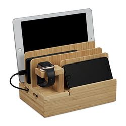 Relaxdays Varios Dispositivos Estación de Carga, para Apple Watch, Bambú, 15 x 21,5 x 15 cm, Soporte para Teléfono Tablet, Reloj, Natural