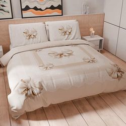 PETTI Artigiani Italiani - Enkelt påslakan 160x200 cm, påslakanset mikrofiber med digitalt tryck 1 örngott 50 x 80 cm - Tillverkad i Italien - Beige rosett