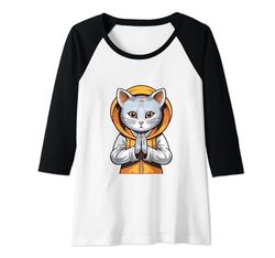 Mujer Meditar Gatito Santo Gato Mediador Fe Dios Religión Camiseta Manga Raglan