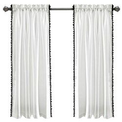 Lush Decor Pom Pom Curtain | Textured, Solid Color Shabby Chic Style Window Panel for Living, Dining Room, Bedroom (Single), 63” x 50”, Black and White