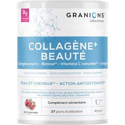 COLLAGENE +BEAUTE GRANIONS - Collagene Marin Poudre - Collagene et Acide Hyaluronique - Collagene Marin + Vitamine C + Biotine + Onagre - Beauté Peau et Cheveux - Saveur Grenade- Collagene Poudre 275g