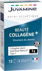 JUVAMINE - Beauté Collagène +, Collagène Marin Hydrolysé 5g - Structure du derme - Beauté - Elasticité - Peau - Stick poudre - 12 jours - Fabriqué en France