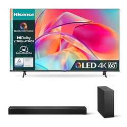 Hisense 65" QLED 4K 2023 65E77KQ, Smart TV VIDAA U6, Dolby Vision, HDR 10+ 4K HS2100 Soundbar 2.1, 240W, Subwoofer Sottile Esterno wireless,