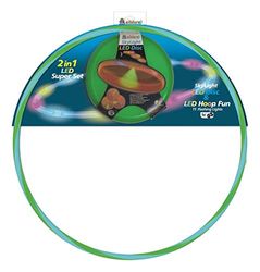 alldoro 63029 set van 2, 1 Hoop Fun 72 cm 1 Sky Light Disc Ø 27 cm, hoepband & werpschijf met leds en licht, sportspeelgoed voor kinderen vanaf 4 jaar en volwassenen, banden blauw/groen & disc groen