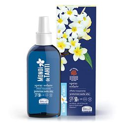 Helan, Monoï de Tahiti - Spray Solare 50+ Corpo Trasparente, Sunscreen con Olio di Cocco, Burro di Karitè Puro Esteri e Vitamina E, Protezione Solare 50+ SPF Molto Alta, non Unge e non Macchia, 150 ml