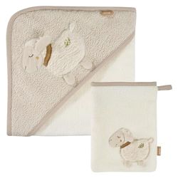 Fehn Bath set sheep NATURE - bath set towel and washcloths with organic cotton (kbA) - with animal motif for happy bath fun - for babies and toddlers from 0+ months