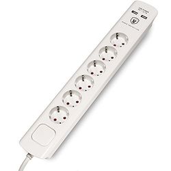 FeinTech MD000632 Extensão de 6 tomadas com carregamento rápido USB, 3680 W, 250 V, branco, 43 x 6,5 x 4,3 cm