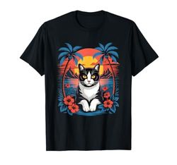 Tuxedo Cat Hawaiian Summer Tropical Beach Vacation Graphic Maglietta