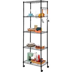 BATHWA Estante de Almacenamiento de Metal de 5 estantes, estantería de Alambre Ajustable con Ruedas, estantes de Almacenamiento de Metal Resistente con Ganchos Laterales, Negro