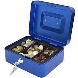 ACROPAQ Caisse Monnaie - Avec planche de comptage des pièces, Petit 16 x 20 x 9 cm, Avec 2 clés - Caisse monnaie billet piece, Trieuse monnaie, Boite monnaie - Bleu - 10041