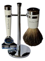 Gentleman London Davies Set de Rasoir Fusion Blanc/Chrome + Blaireau Pure Badger + Support