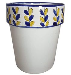 Ceramiche Angela Rinaldi – Vaso in Ceramica di Vietri dipinto a mano Maiolica Design Terracotta Coccio Cachepot (foglie blu, Altezza cm. 20, diametro cm. 18,5)