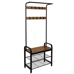 Meerveil Perchero vintage industrial, zapatero con asiento, estructura de metal con 9 ganchos extraíbles, 2 estantes de rejilla, 72 x 34 x 183 cm, color marrón retro-negro