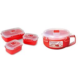 Sistema Microwave Heat and Eat 3 Pack, Red/Clear, Pack of 3 & Microwave Breakfast Bowl, 850 ml - Red/Clear