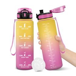 Botella Agua, 1000ML Libre de BPA, Botella Agua Gimnasio, Diseño de Cerradura a Prueba de Fugas, Botellas de Agua, Con Marca de Tiempo, Botellas de Agua Para Niños para Yoga, Camping - AmarilloRosa