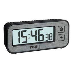 TFA Dostmann Mini Digital Temperature and Humidity Switch, 60.2039.10, with Maximum and Lowest Values, Quartz, Travel Alarm Clock, Small, Non-Ticking, Grey, Gray