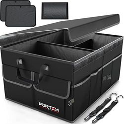 FORTEM Auto Organizer, Auto Kofferbak Organizer, Achterbak Organizer, Opvouwbare Organizer Auto met Compartimenten, Antislip Bodem, Verstelbare Bevestigingsriempjes, Opvouwbaar Deksel (Zwart, Standard)