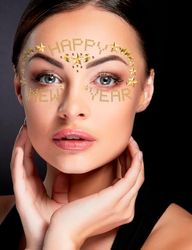 FIESTAS GUIRCA | Bijoux Adhésifs pour Visage Happy New Year - Accessoire de Maquillage pour Fêtes de Fin d'Année et Célébrations - Idéal pour Noël et Nouvel An - Pour Enfants et Adultes - Or