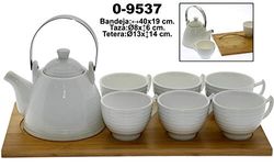 DonRegaloWeb - Set da tè con teiera e 6 Tazze in Ceramica Legno, Bianco, Vassoio 40 cm x 19 cm