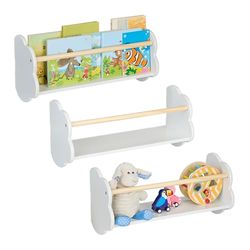 Relaxdays Children's Bookshelf, Set of 3, Cloud Design, Wall-Mounted Kids Shelves, HxWxD: 24 x 50 x 18 cm, White/Natural, Fibreboard, Wood