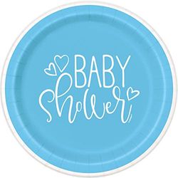 Unique- Piatti Ecologici in Carta-23 cm-Baby Shower con Cuori Blu-Confezione da 8, Multicolore, 73385EU