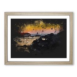 Sunset At The Beach In Spain Paint Splash Modern Art Framed Wall Art Print, Ready to Hang Picture for Living Room Bedroom Home Office Décor, Oak A4 (34 x 25 cm)