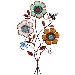 Moxweyeni Tricolor bloem wanddecoratie vintage metalen muurkunst decor rustieke hangende muur bloemen decoratieve metalen bloemenkunst voor thuis woonkamer badkamer binnen buiten decors, 35 x 22 cm