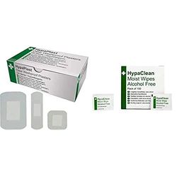 Safety First Aid Group HypaPlast Clear Washproof Assorted (Pack of 100) with Moist Wipes, Alcohol Free (Pack of 100) Bundle