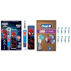 Oral-B Spazzolino Elettrico Ricaricabile Bambini Spiderman Marvel +3 Anni, Custodia da Viaggio + Oral-B Kids 3+ Testine Spazzolino Elettrico Marvel Spiderman, Confezione da 8