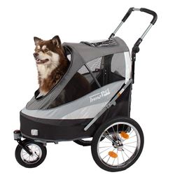 Innopet Sporty Deluxe Hondenaanhanger voor fiets, zwart/zilver, 2-in-1 hondenbuggy en hondenfietskar met regenbescherming, voor honden tot 30 kg, trekstang en verbindingsstuk