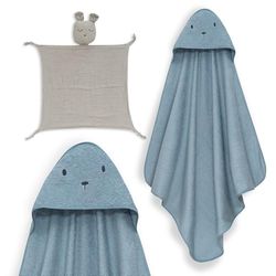 Interbaby - Mantello da bagno per bambini + mussola di Dudu | Asciugamano con cappuccio 100% cotone, unisex, morbido, asciugatura rapida, ideale per neonati, neonati e bambini piccoli, design orso