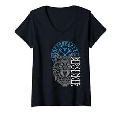 Mujer Brújula berserker y vikinga, diseño de lobo nórdico Camiseta Cuello V