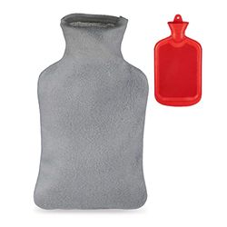 Relaxdays kruik met hoes, zachte warmwaterkruik, 2 l bedkruik, tegen pijn, warmtekruik van natuurrubber, grijs/rood