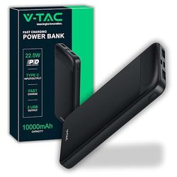 V-TAC Power Bank 10000 mAh con Ricarica Rapida PD 22.5W - Batteria Esterna Sottile con Porta USB Type-C e 2 Porte USB-A - Compatibile iPhone, iPad, Samsung, iPad, Xiaomi - PowerBank Nero